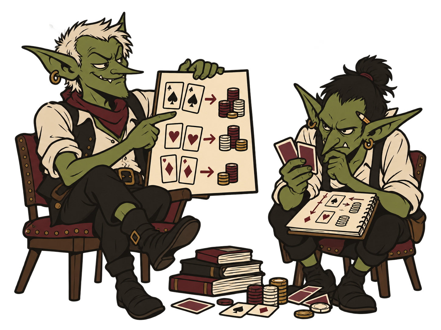A goblin teacher explaining poker strategy to a fellow player